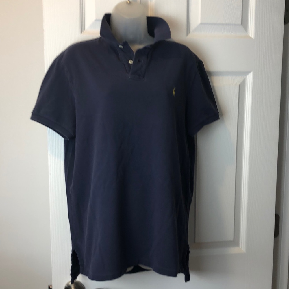 Polo by Ralph Lauren Shirt size L, Custom Fit, navy with yellow logo. Cotton